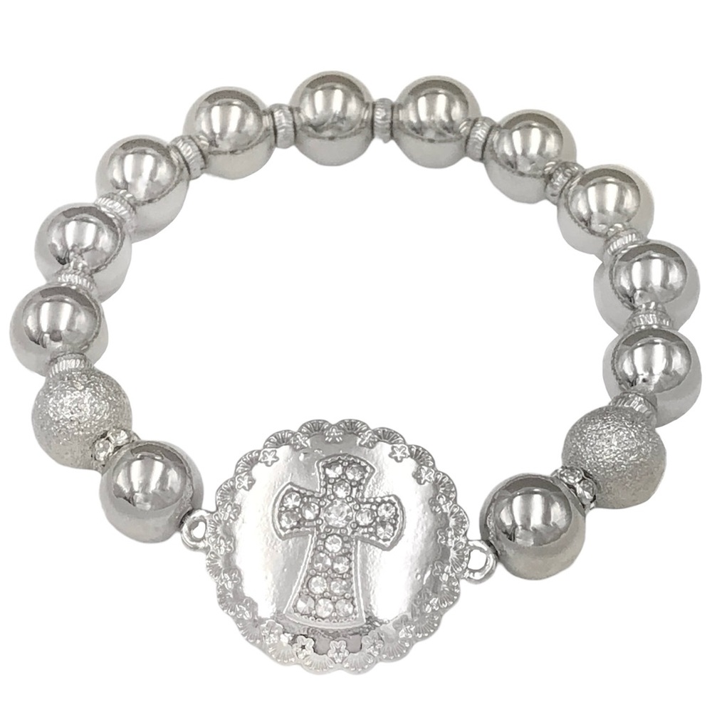 Silver Tone Christian Cross Beaded Stretch Bracelet